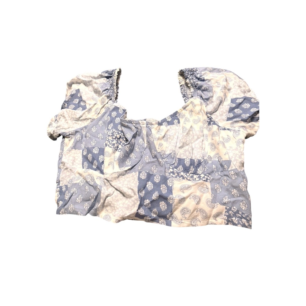 Hollister Blue Patchwork Paisley Crop Top Shirred Back Puff Sleeve Large cottage